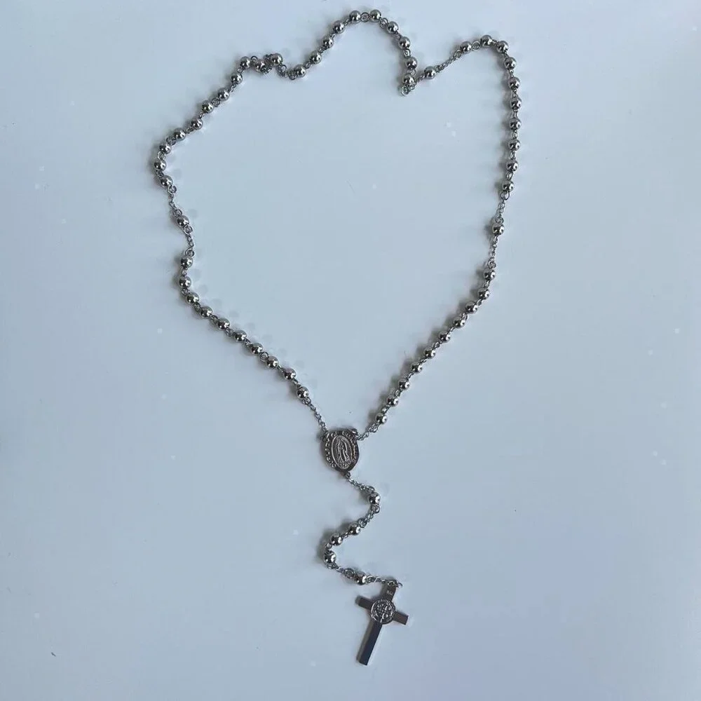 y2k 2000s chrome silver rosary bead necklace